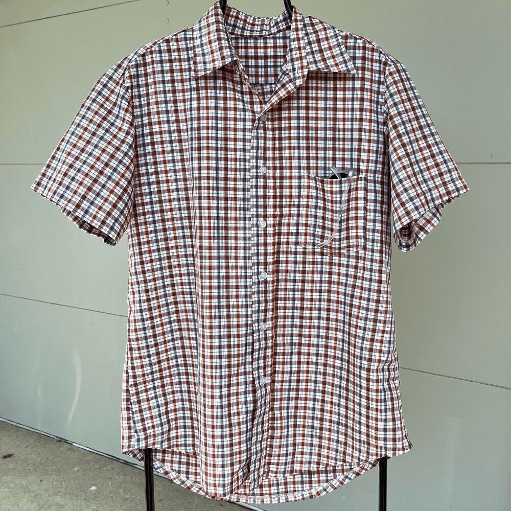 Vintage 70s Plaid Shirt Brown Orange Poly-Cotton Short Sleeve Single Stitch L
